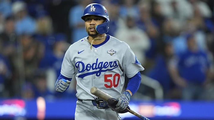 Nov 1, 2025; Toronto, Ontario, CAN; Los Angeles Dodgers shortstop Mookie Betts (50) walks against the Toronto Blue Jays in the tenth inning during game seven of the 2025 MLB World Series at Rogers Centre. Mandatory Credit: John E. Sokolowski-Imagn Images