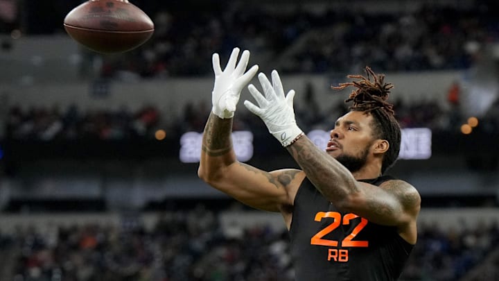 Miami running back Damien Martinez (RB22) during the 2025 NFL Combine at Lucas Oil Stadium. 