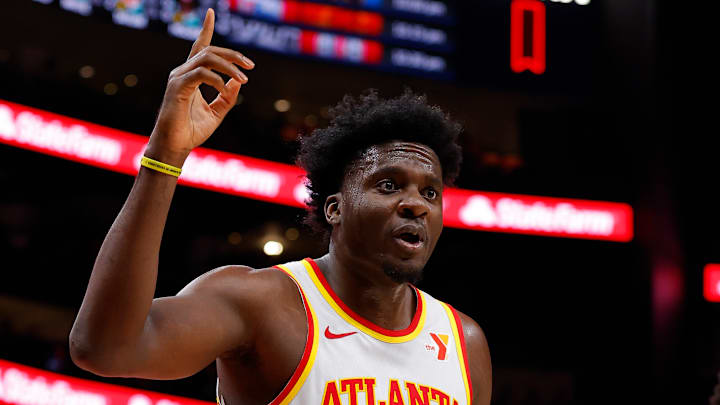 Clint Capela #15 of the Atlanta Hawks reacts against the Boston Celtics.