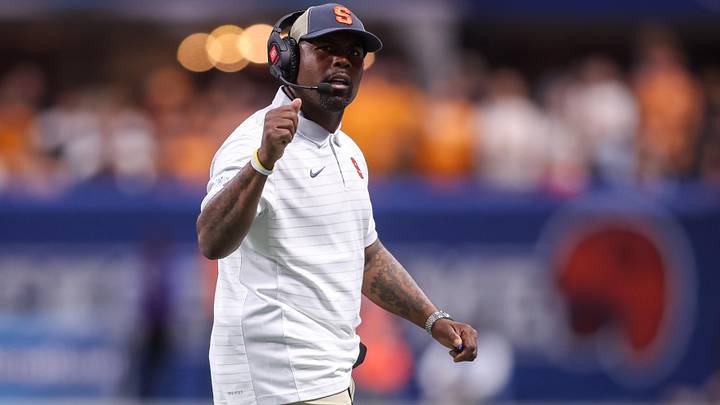 Aug 30, 2025; Atlanta, Georgia, USA; Syracuse Orange head coach Fran Brown on the sideline against the Tennessee Volunteers in the second quarter at Mercedes-Benz Stadium. Mandatory Credit: Brett Davis-Imagn Images