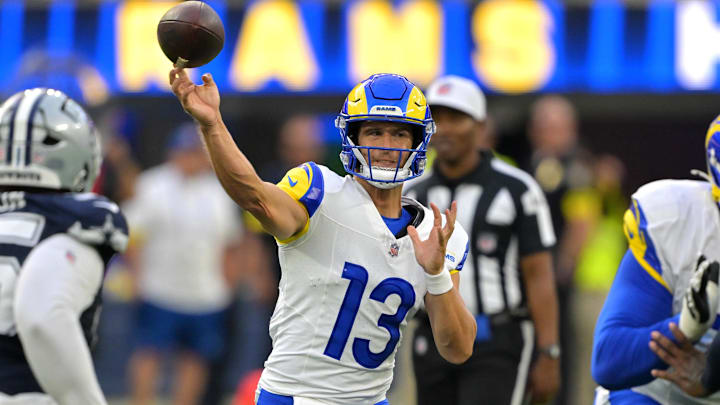 Aug 9, 2025; Inglewood, California, USA;  Los Angeles Rams quarterback Stetson Bennett IV (13) throws a pass during the second half against the Dallas Cowboys at SoFi Stadium. Mandatory Credit: Jayne Kamin-Oncea-Imagn Images