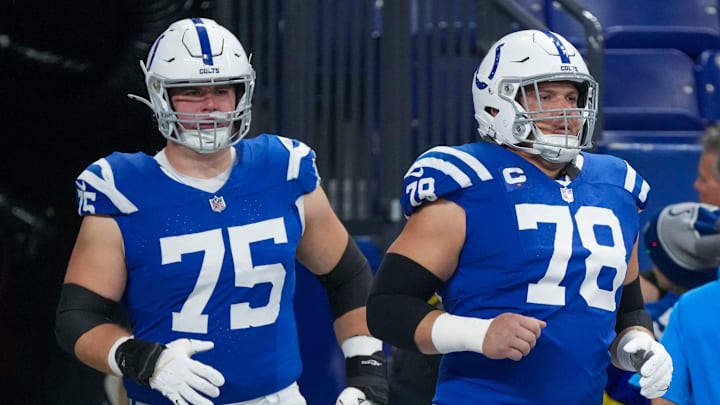 Indianapolis Colts guard Will Fries (75) and center Ryan Kelly (78) enter the field before the game against New Orleans, Sunday., Oct 29, 2023, at Lucas Oil Stadium in Indianapolis.