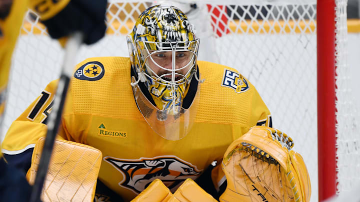 Feb 27, 2024; Nashville, Tennessee, USA; Nashville Predators goaltender Juuse Saros (74) watches the
