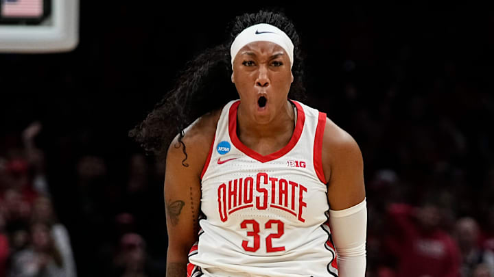 Ohio State Buckeyes forward Cotie McMahon (32) yells during the second round of the women's NCAA Tournament against the Tennessee Lady Vols at Value City Arena in Columbus on March 23, 2025.
