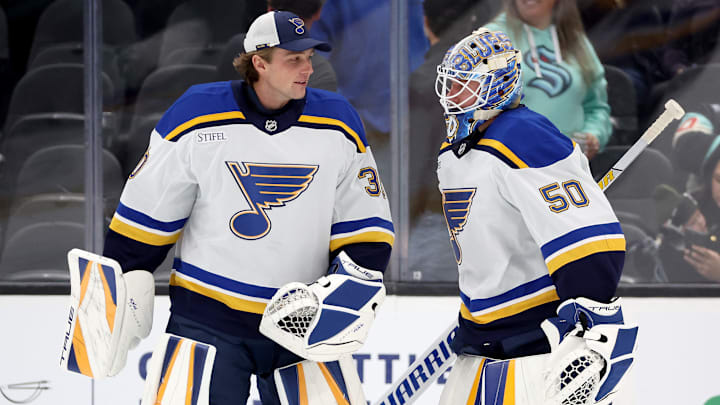 St. Louis Blues netminders Joel Hofer and Jordan Binnington