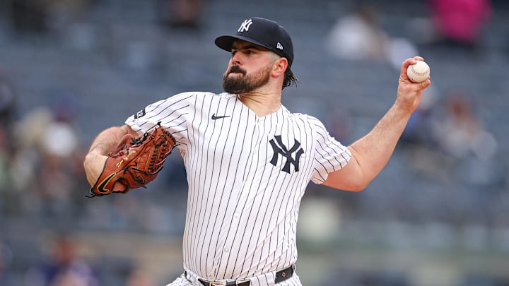 May 22, 2025; Bronx, New York, USA; New York Yankees starting pitcher Carlos Rodon (55) delivers a pitch during the first inning against the Texas Rangers at Yankee Stadium. Mandatory Credit: Vincent Carchietta-Imagn Images