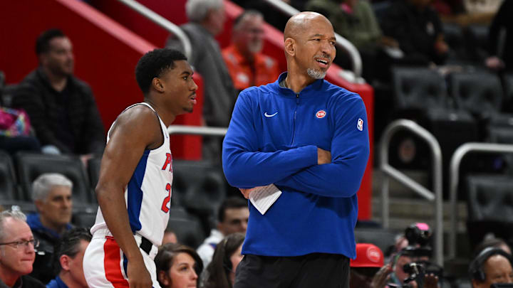 Dec 11, 2023; Detroit, Michigan, USA; Detroit Pistons head coach Monty Williams talks with guard Jaden Ivey