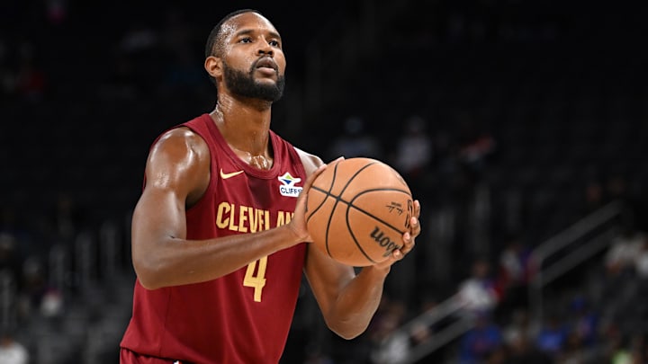 Oct 16, 2024; Detroit, Michigan, USA; Cleveland Cavaliers forward Evan Mobley (4) gets ready to shoot a foul shot against the Detroit Pistons in the first quarter at Little Caesars Arena. Mandatory Credit: Lon Horwedel-Imagn Images