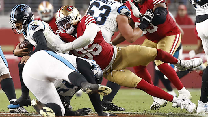 Nov 24, 2025; Santa Clara, California, USA; San Francisco 49ers defensive end Clelin Ferrell (96) sacks Carolina Panthers quarterback Bryce Young (9) during the second half at Levi's Stadium. Mandatory Credit: Kelley L Cox-Imagn Images