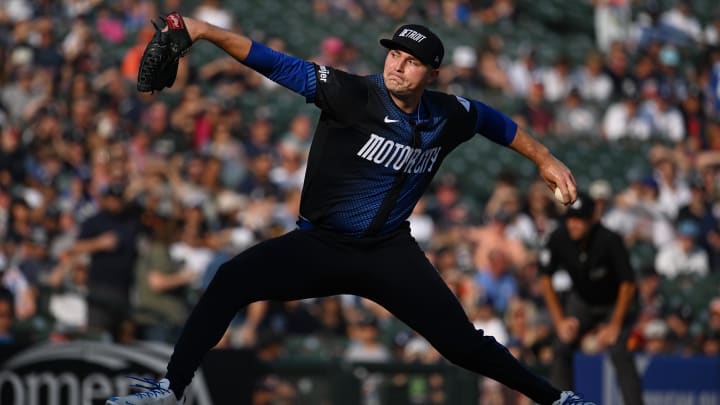 Jul 12, 2024; Detroit, Michigan, USA; Detroit Tigers starting pitcher Tarik Skubal (29) throws a pitch against the Los Angeles Dodgers in the first inning at Comerica Park. Jul 12, 2024; Detroit, Michigan, USA; Detroit Tigers starting pitcher Tarik Skubal (29) throws a pitch against the Los Angeles Dodgers in the first inning at Comerica Park.