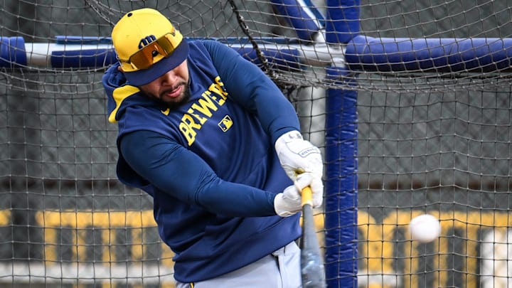 Milwaukee Brewers catcher Jeferson Quero (76) takes batting practice during spring training workouts Monday, February 17, 2025, at American Family Fields of Phoenix in Phoenix, Arizona.