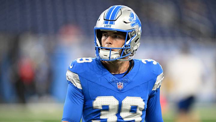 Aug 22, 2026; Detroit, Michigan, USA; Detroit Lions place kicker Jake Bates (39) on the field during pregame warmups before their game against the Washington Commanders at Ford Field. Mandatory Credit: Lon Horwedel-Imagn Images
