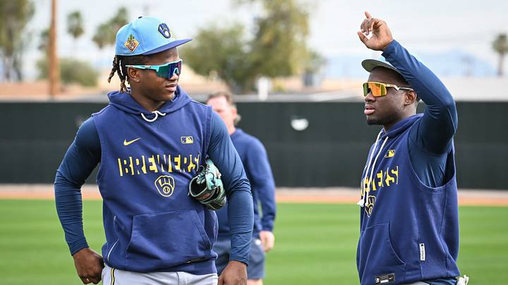 Milwaukee Brewers infielder Jesús Made, left, talks with outfielder Luis Lara during spring training workouts Monday, February 16, 2026, at American Family Fields of Phoenix in Phoenix, Arizona. Milwaukee Brewers infielder Jesús Made, left, talks with outfielder Luis Lara during spring training workouts Monday, February 16, 2026, at American Family Fields of Phoenix in Phoenix, Arizona.
