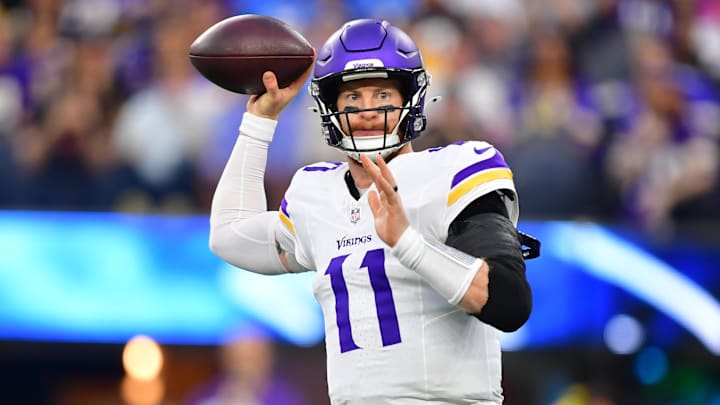 Oct 23, 2025; Inglewood, California, USA; Minnesota Vikings quarterback Carson Wentz (11) drops back to pass against the Los Angeles Chargers during the first half at SoFi Stadium. Mandatory Credit: Gary A. Vasquez-Imagn Images Oct 23, 2025; Inglewood, California, USA; Minnesota Vikings quarterback Carson Wentz (11) drops back to pass against the Los Angeles Chargers during the first half at SoFi Stadium. Mandatory Credit: Gary A. Vasquez-Imagn Images