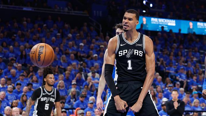 Spurs center Victor Wembanyama reacts after a dunk in the second quarter against the Thunder during Game 1 of the Western Conference finals.