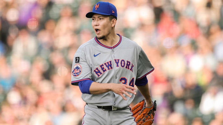 Jun 6, 2025; Denver, Colorado, USA; New York Mets starting pitcher Kodai Senga (34) reacts at the end of the second inning against the Colorado Rockies at Coors Field. Mandatory Credit: Isaiah J. Downing-Imagn Images Jun 6, 2025; Denver, Colorado, USA; New York Mets starting pitcher Kodai Senga (34) reacts at the end of the second inning against the Colorado Rockies at Coors Field. Mandatory Credit: Isaiah J. Downing-Imagn Images