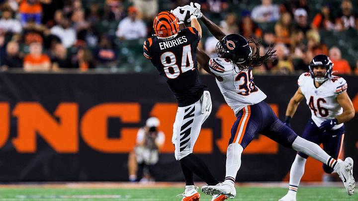 Bears safety Skyler Thomas intercepts the ball intended for Cincinnati Bengals tight end Jack Endries in Saturday's Bears loss. Bears safety Skyler Thomas intercepts the ball intended for Cincinnati Bengals tight end Jack Endries in Saturday's Bears loss.