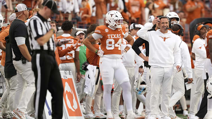 Nov 1, 2025; Austin, Texas, USA; Texas Longhorns head coach Steve Sarkisian reacts after a review does not go his way in the second half against the Vanderbilt Commodores at Darrell K Royal-Texas Memorial Stadium. Mandatory Credit: Scott Wachter-Imagn Images