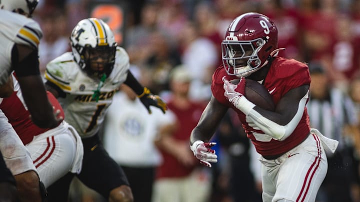 Oct 26, 2024; Tuscaloosa, Alabama, USA;  Alabama Crimson Tide running back Richard Young (9) runs the ball against the Missouri Tigers during the fourth quarter at Bryant-Denny Stadium. Mandatory Credit: Will McLelland-Imagn Images