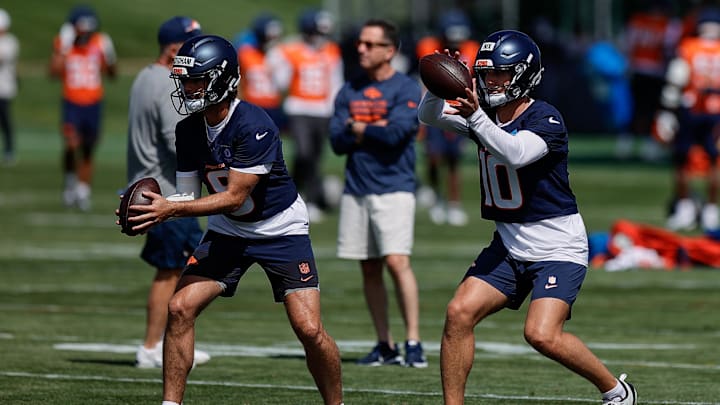 Jul 23, 2025; Englewood, CO, USA; Denver Broncos quarterback Jarrett Stidham (8) and quarterback Bo Nix (10) during Denver Broncos Training Camp. Mandatory Credit: Isaiah J. Downing-Imagn Images