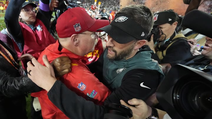Feb 12, 2023; Glendale, AZ, USA; Kansas City Chiefs head coach Andy Reid and Philadelphia Eagles