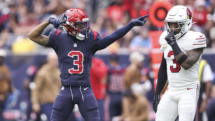 Nov 19, 2023; Houston, Texas, USA; Houston Texans wide receiver Tank Dell (3) signals a first down