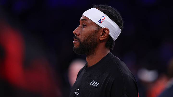 Oct 15, 2026; New York, New York, USA;  Toronto Raptors small forward Kawhi Leonard (2) looks on during warm ups before the game against the New York Knicks at Madison Square Garden.  Mandatory Credit: Vincent Carchietta-Imagn Images