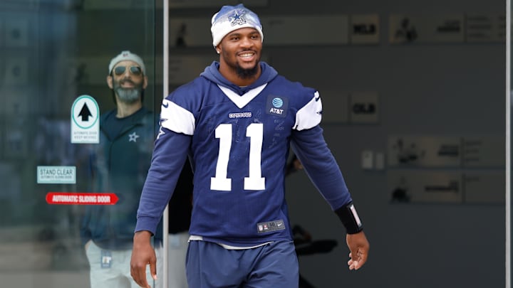 Dallas Cowboys defensive end Micah Parsons walks onto the practice field at the Ford Center at the Star Training Facility in Frisco, Texas. 