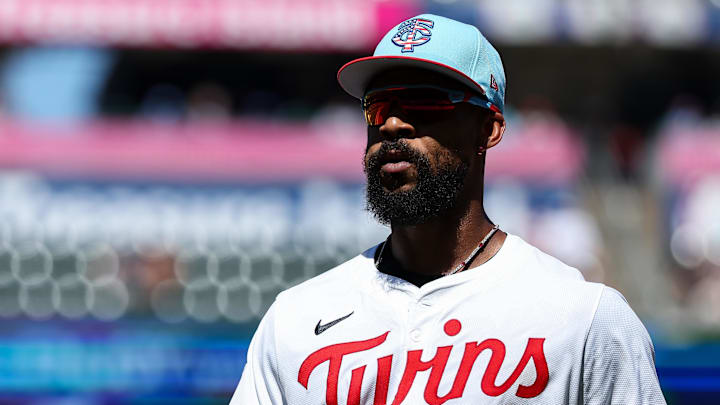 Jul 4, 2025; Minneapolis, Minnesota, USA; Minnesota Twins center fielder Byron Buxton (25) runs back to the dugout during the second inning against the Tampa Bay Rays at Target Field. Mandatory Credit: Matt Krohn-Imagn Images