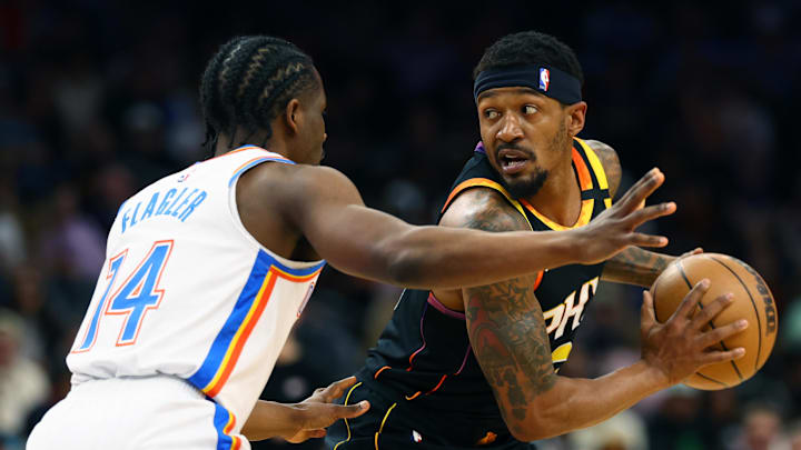 Apr 9, 2025; Phoenix, Arizona, USA; Phoenix Suns guard Bradley Beal (3) looks to dribble against Oklahoma City Thunder forward Adam Flagler (14) during the first half at Footprint Center. Mandatory Credit: Mark J. Rebilas-Imagn Images Apr 9, 2025; Phoenix, Arizona, USA; Phoenix Suns guard Bradley Beal (3) looks to dribble against Oklahoma City Thunder forward Adam Flagler (14) during the first half at Footprint Center. Mandatory Credit: Mark J. Rebilas-Imagn Images