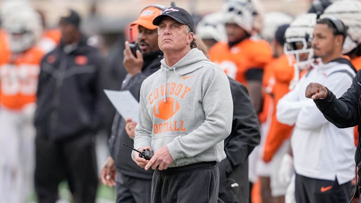 Head coach Mike Gundy looks at the score board during an Oklahoma State spring football showcase at Boone Pickens Stadium in Stillwater, Okla., Saturday, April 19, 2025.