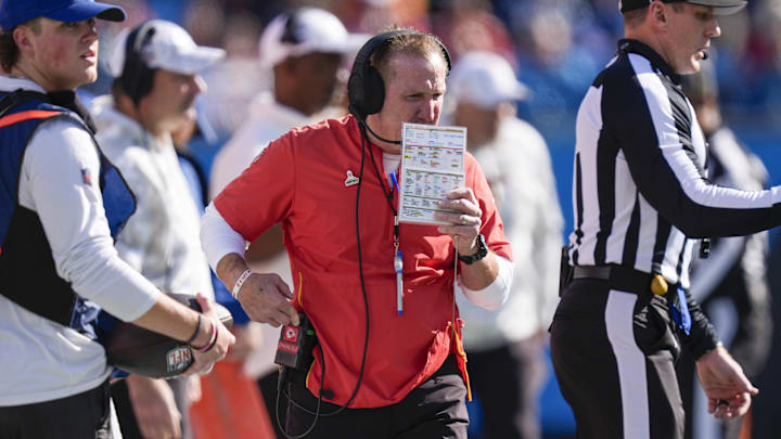 Nov 24, 2024; Charlotte, North Carolina, USA; Kansas City Chiefs defensive coordinator Steve Spagnuolo during the first quarter against the Carolina Panthers at Bank of America Stadium. Mandatory Credit: Jim Dedmon-Imagn Images