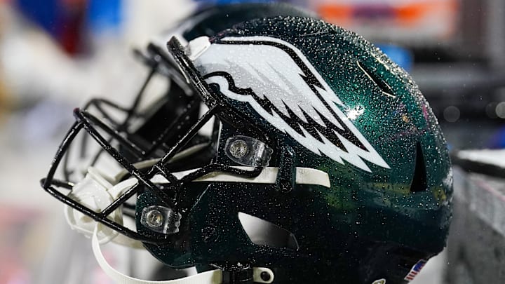 Nov 20, 2023; Kansas City, Missouri, USA; A general view of a Philadelphia Eagles helmet against the Kansas City Chiefs prior to a game at GEHA Field at Arrowhead Stadium. Mandatory Credit: Denny Medley-Imagn Images