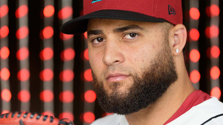 Feb 18, 2026; Scottsdale, AZ, USA; Arizona Diamondbacks pitcher Junior Fernandez (53) poses for a photo for MLB media day at Salt River Fields at Talking Stick. Mandatory Credit: Allan Henry-Imagn Images