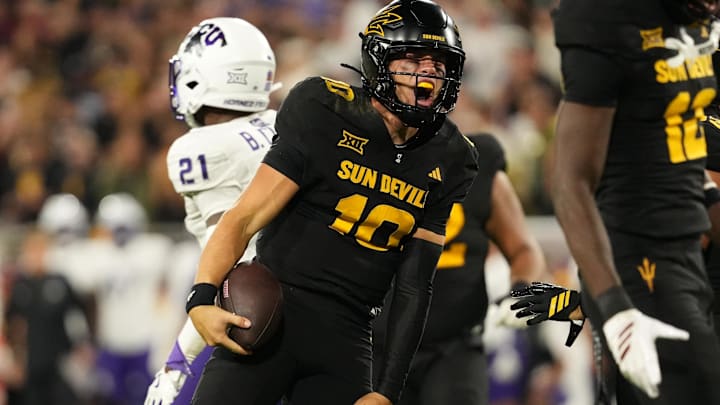 Sep 26, 2025; Tempe, Arizona, USA; Arizona State Sun Devils quarterback Sam Leavitt (10) reacts after run against TCU Horned Frogs in the first half at Mountain America Stadium, Home of the ASU Sun Devils. Mandatory Credit: Jacob Reiner-Imagn Images