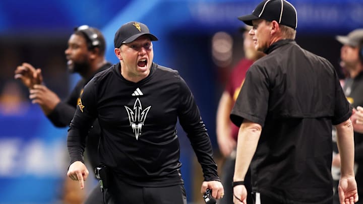 Arizona State Sun Devils head coach Kenny Dillingham reacts after a call during the first half of the Peach Bowl at Mercedes-Benz Stadium.