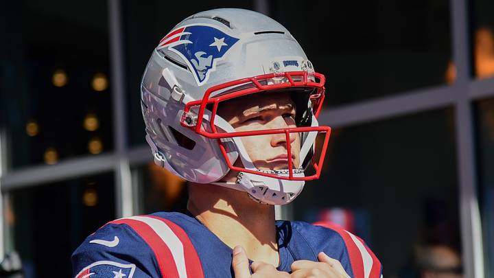 Oct 18, 2026; Foxborough, Massachusetts, USA;  New England Patriots quarterback Drake Maye (10) gets set to take the field prior to a game against the New York Jets at Gillette Stadium. Mandatory Credit: Bob DeChiara-Imagn Images