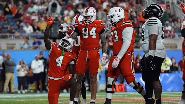 Dec 28, 2024; Orlando, FL, USA; Miami Hurricanes running back Mark Fletcher Jr. (4) celebrates after scoring a touchdown against the Iowa State Cyclones during the second half at Camping World Stadium. Mandatory Credit: Jasen Vinlove-Imagn Images Dec 28, 2024; Orlando, FL, USA; Miami Hurricanes running back Mark Fletcher Jr. (4) celebrates after scoring a touchdown against the Iowa State Cyclones during the second half at Camping World Stadium. Mandatory Credit: Jasen Vinlove-Imagn Images