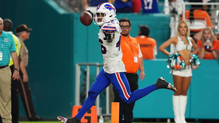 Sep 12, 2024; Miami Gardens, Florida, USA; Buffalo Bills cornerback Ja'Marcus Ingram (46) runs the ball for a touchdown after intercepting a pass from Miami Dolphins quarterback Tua Tagovailoa 