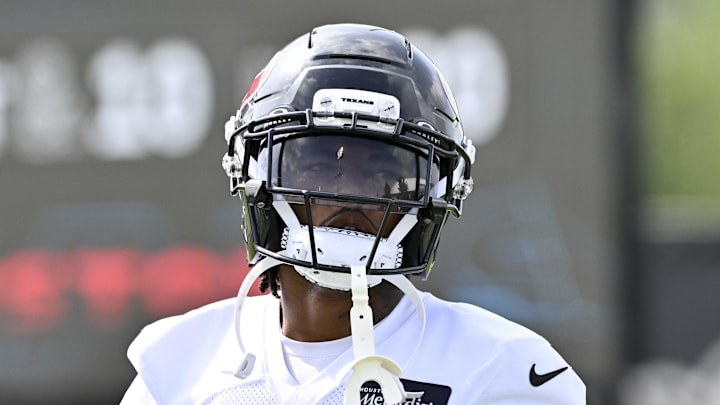 Jun 10, 2025; Houston, TX, USA; Houston Texans cornerback Jaylin Smith (30) looks on during an NFL football minicamp at NRG Stadium. Mandatory Credit: Maria Lysaker-Imagn Images 
