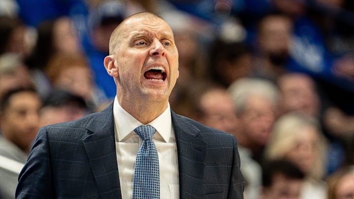 Kentucky head coach Mark Pope instructed his team as the Wildcats faced off against the Brown Bears at Rupp Arena on New Year's Eve, Tuesday, Dec. 31, 2024.