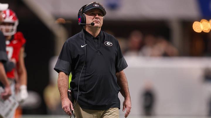 Nov 28, 2025; Atlanta, Georgia, USA; Georgia Bulldogs head coach Kirby Smart on the sideline against the Georgia Tech Yellow Jackets in the second quarter at Mercedes-Benz Stadium. Mandatory Credit: Brett Davis-Imagn Images