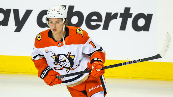 Apr 3, 2025; Calgary, Alberta, CAN; Anaheim Ducks center Trevor Zegras (11) skates during the warmup period against the Calgary Flames at Scotiabank Saddledome. Mandatory Credit: Sergei Belski-Imagn Images Apr 3, 2025; Calgary, Alberta, CAN; Anaheim Ducks center Trevor Zegras (11) skates during the warmup period against the Calgary Flames at Scotiabank Saddledome. Mandatory Credit: Sergei Belski-Imagn Images