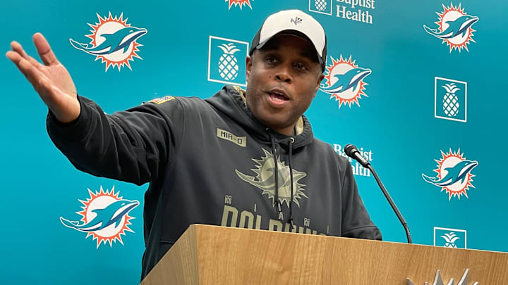 Dolphins general manager Chris Grier discusses the upcoming draft on Tuesday, April 16, 2024.