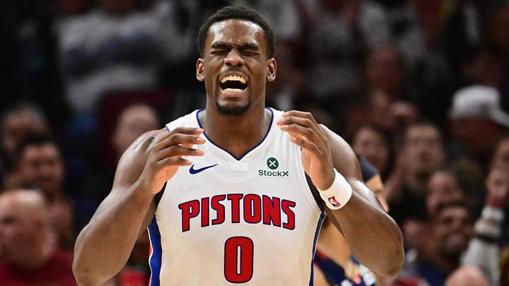 May 11, 2026; Cleveland, Ohio, USA; Detroit Pistons center Jalen Duren (0) reacts after a play against the Cleveland Cavaliers during the second half of game four in the second round of the 2026 NBA Playoffs at Rocket Arena. Mandatory Credit: Ken Blaze-Imagn Images