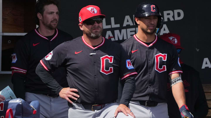 Mar 16, 2025: Cleveland Guardians manager Stephen Vogt (12) gets ready for a game against the Milwaukee Brewers at American Family Fields of Phoenix. 