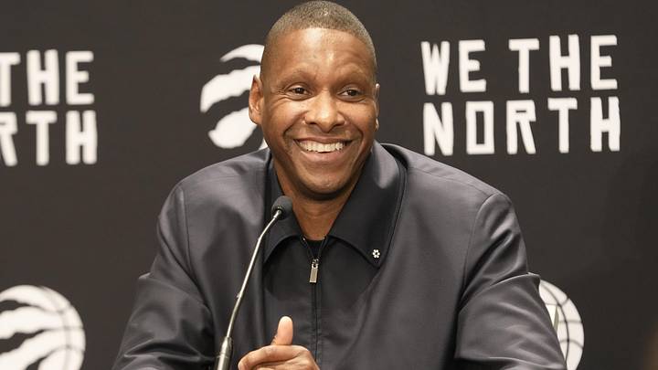 Oct 2, 2023; Toronto, ON, Canada; Toronto Raptors president Masai Ujiri smiles after a question by the media during Media Day at the Hilton Toronto. Mandatory Credit: John E. Sokolowski-Imagn Images