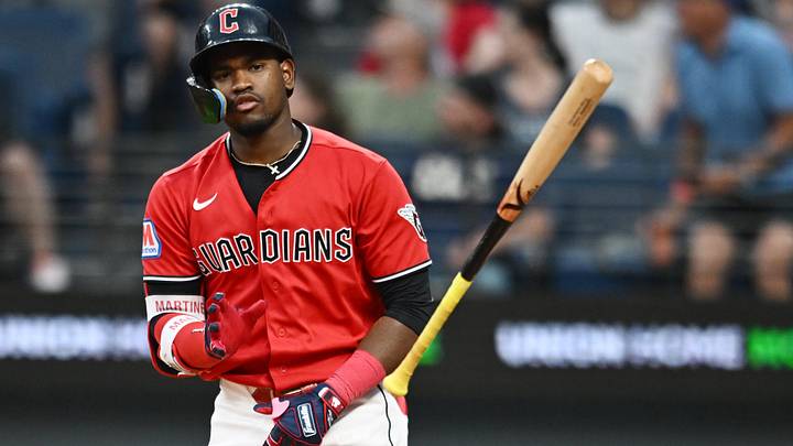 Jun 8, 2026: Cleveland Guardians right fielder Angel Martinez (1) hits a home run during the sixth inning against the New York Yankees at Progressive Field. Jun 8, 2026: Cleveland Guardians right fielder Angel Martinez (1) hits a home run during the sixth inning against the New York Yankees at Progressive Field.