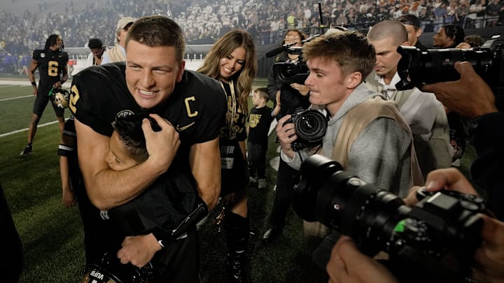 Vanderbilt quarterback Diego Pavia (2) celebrates with fans after the team’s win against Kentucky at FirstBank Stadium in Nashville, Tenn., Saturday, Nov. 22, 2025.
