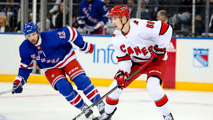 Jan 2, 2024; New York, New York, USA; Carolina Hurricanes center Martin Necas (88) and New York